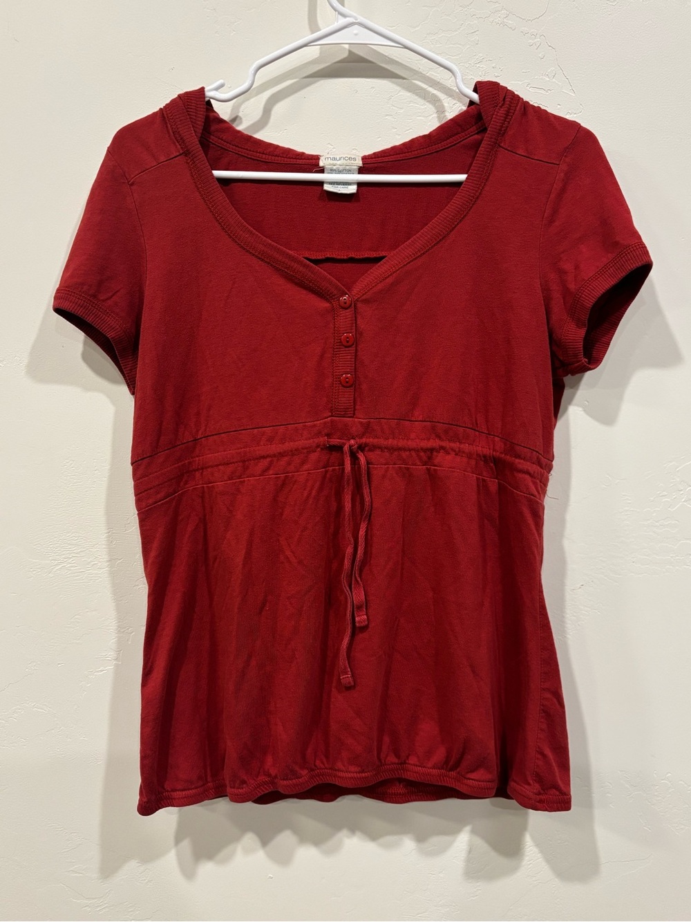 Maurices Deep Red Short-Sleeve V-Neck Drawstring Top